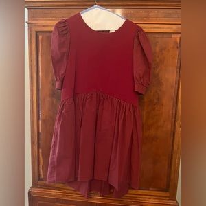 ENGLISH FACTORY
Mixed Media Puff Sleeve Dress - Burgandy